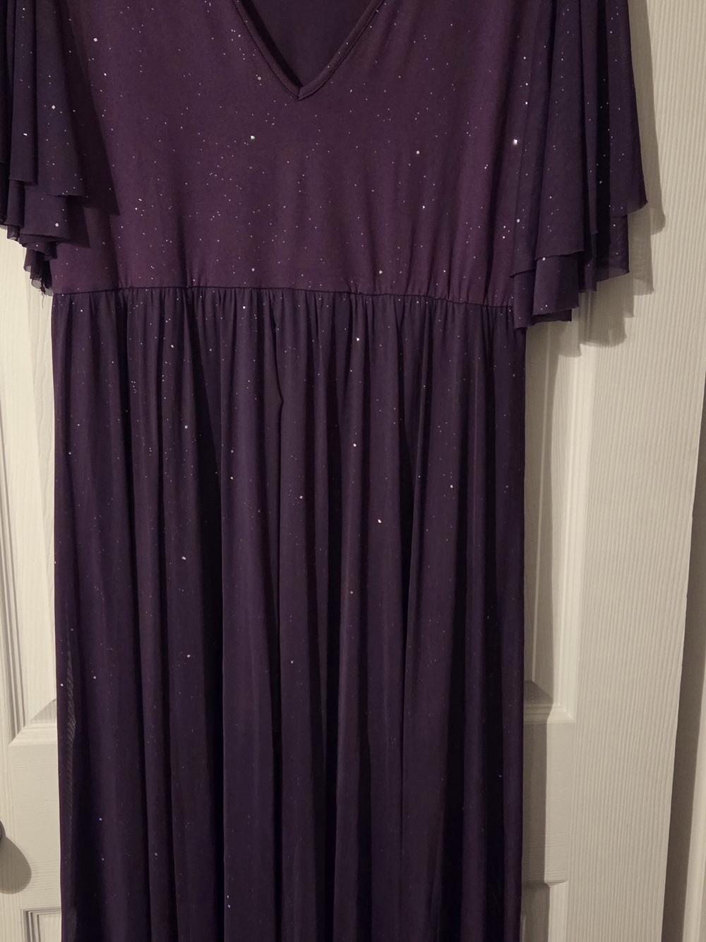 Women's Glitter V-Neck Purple Flutter Sleeve Dress with Overskirt